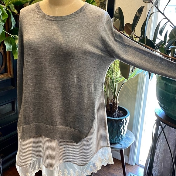 Umgee Gray Layered Shirt Sweater lace edging - Picture 2 of 11